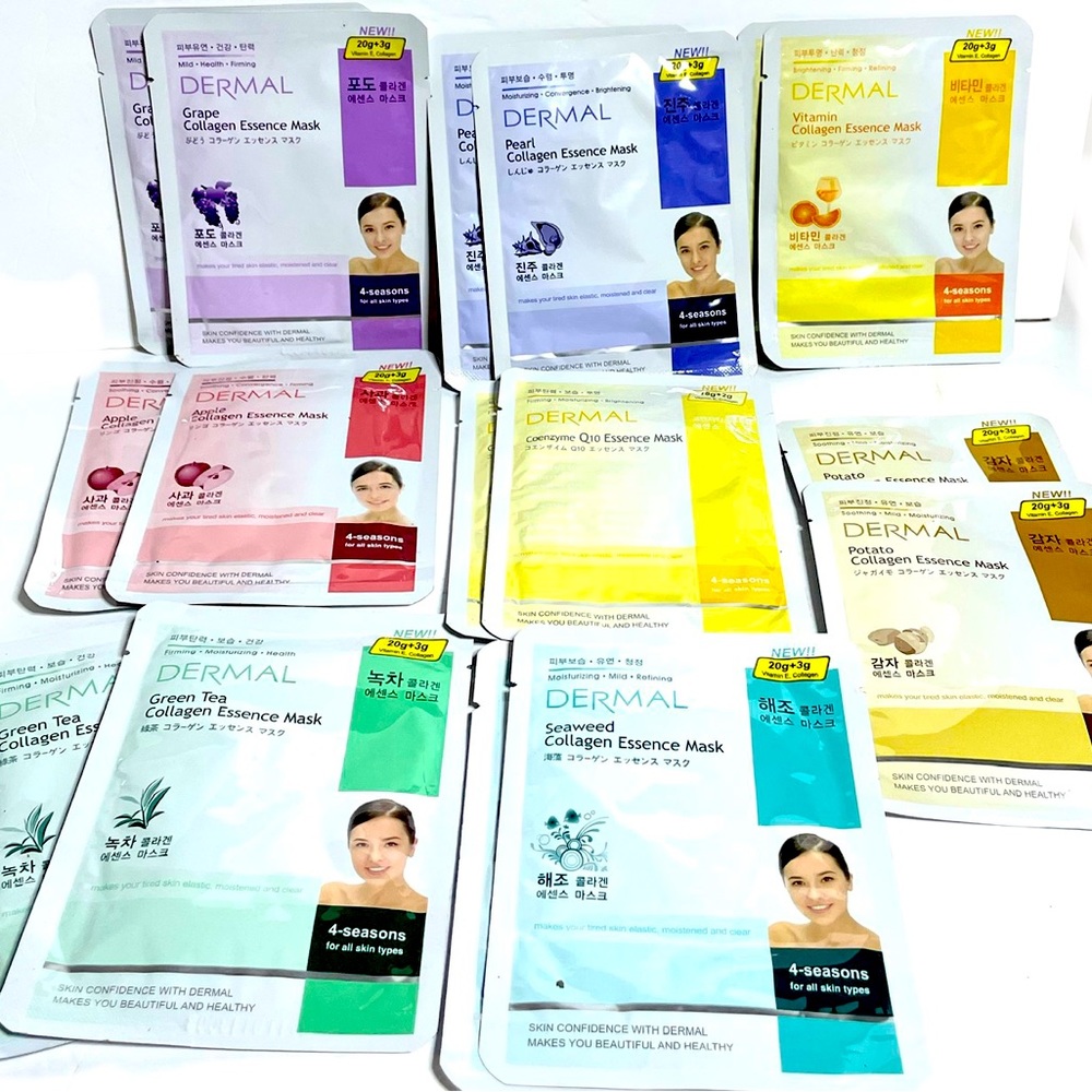 DERMAL Natural Collagen Essence Full Face Facial Mask 16 Pack Combo Lot